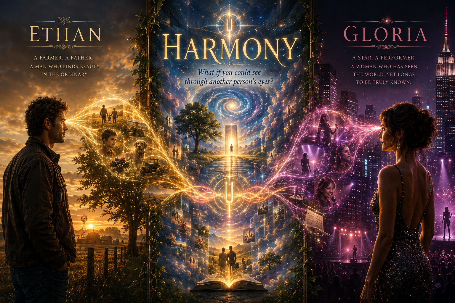 Harmony concept artwork connecting Ethan's Nebraska life with Gloria's world on the stage